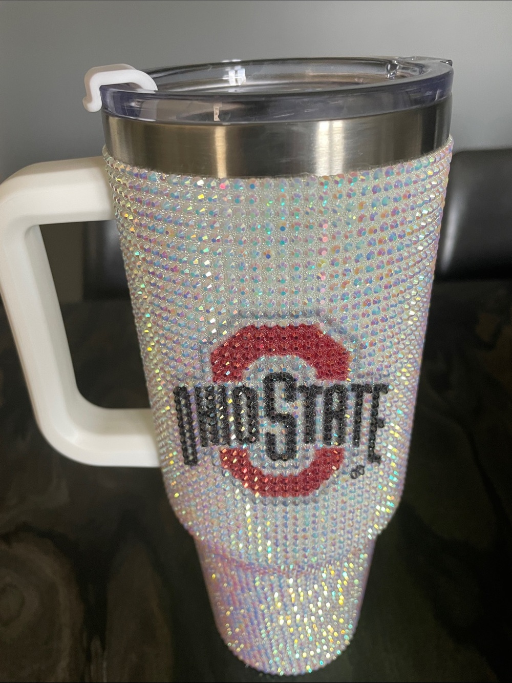 Sparkling Rhinestone Ohio State Travel Tumbler - Red & Silver